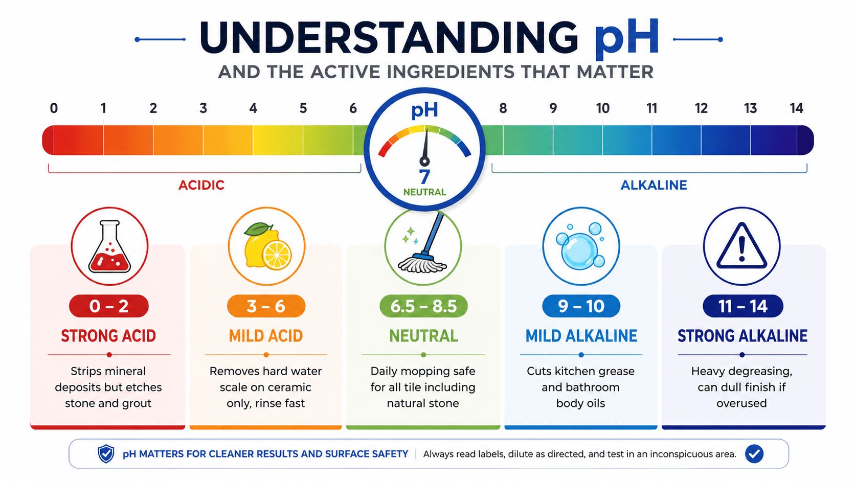 A pH scale infographic explaining the acidity and alkalinity levels of various household cleaning products for floors.