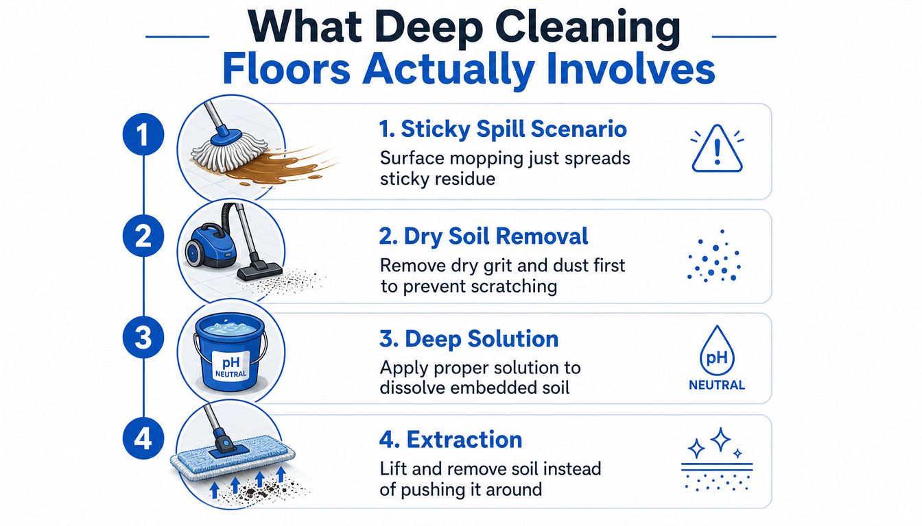 An infographic illustrating the four essential steps for effective deep cleaning of household floor surfaces.