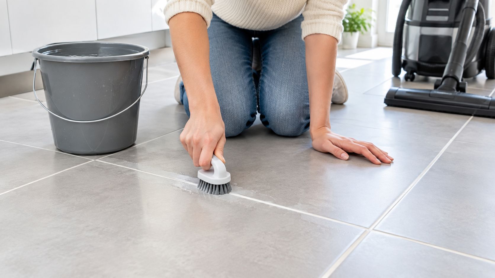 A person cleaning a tiled floor grout line with a small scrubbing brush and bucket.