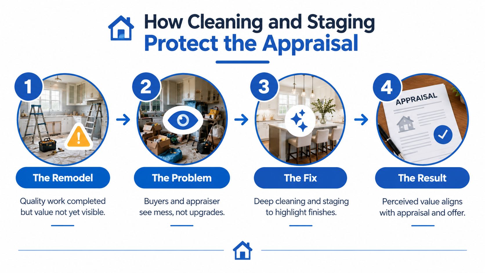 A four-step infographic showing how cleaning and staging a home helps protect the value of a remodel.