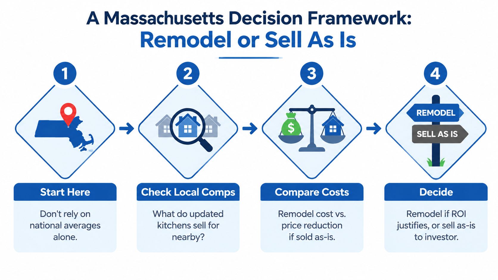 A four-step decision flowchart showing whether to remodel a home or sell it as is.