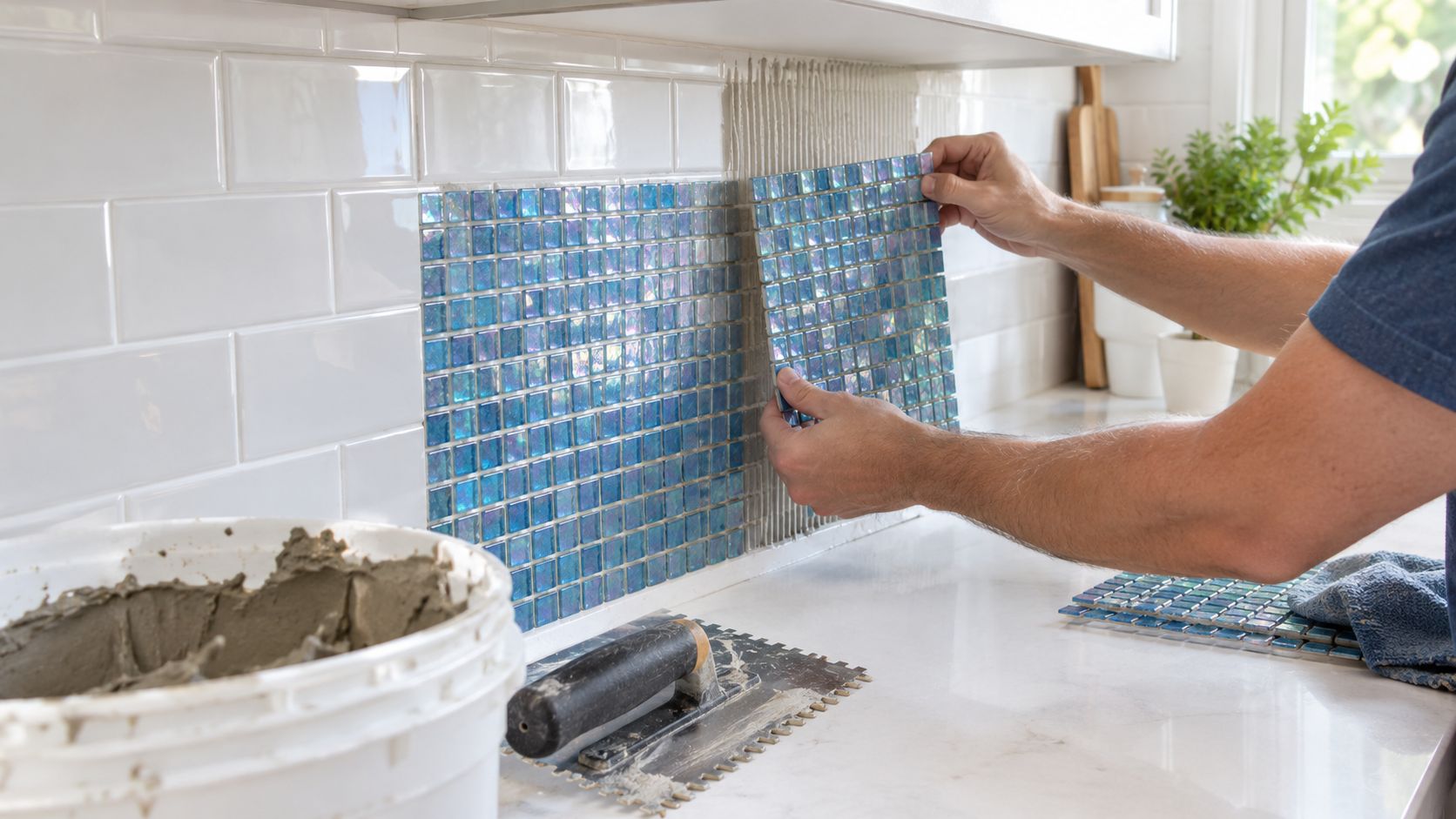 A craftsman carefully places a sheet of blue iridescent mosaic tiles onto a kitchen backsplash wall.