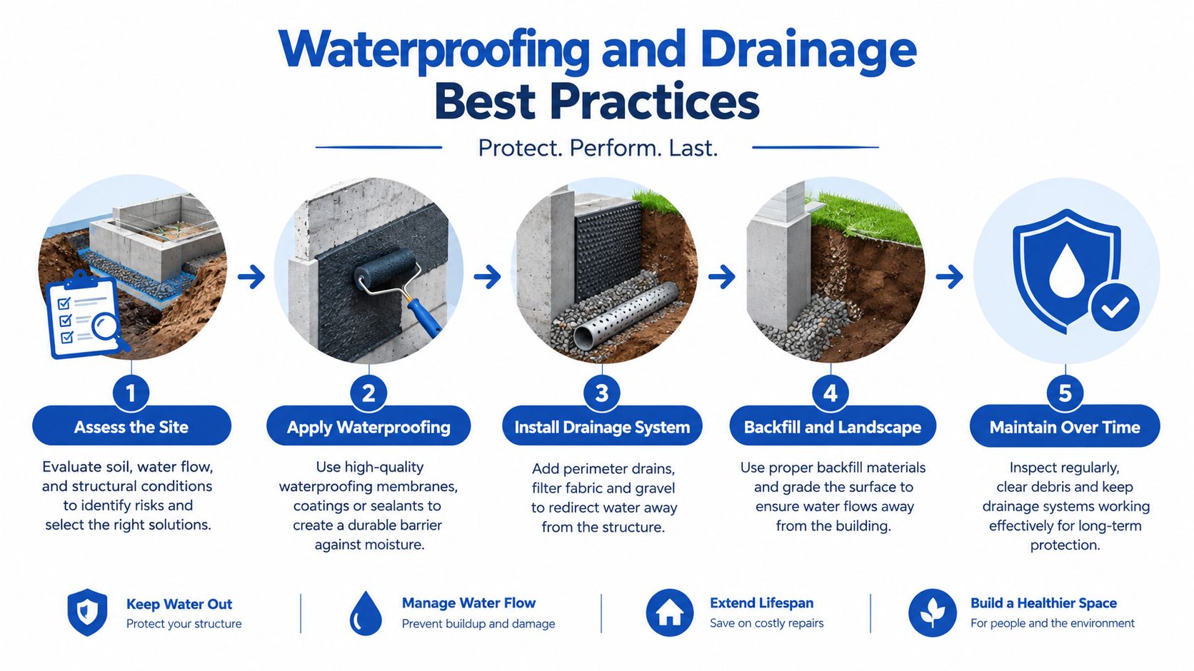 An infographic illustrating five best practices for professional building foundation waterproofing and drainage system installation.