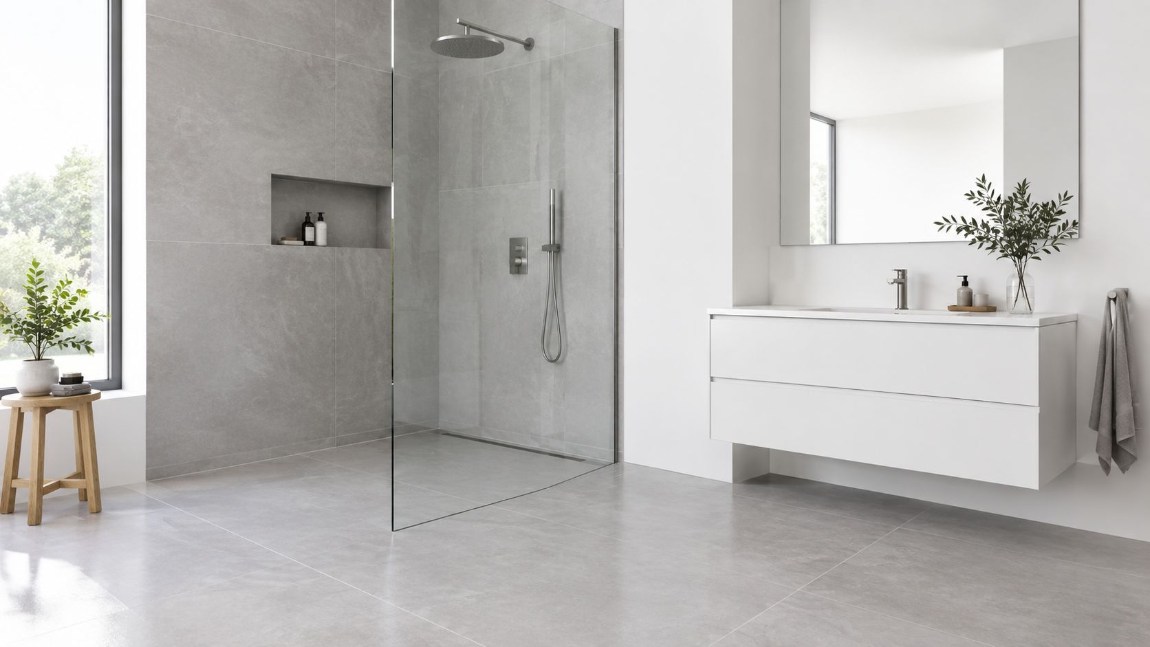 A modern bathroom with grey stone-effect tiles, a glass shower enclosure, and a minimalist floating white vanity.