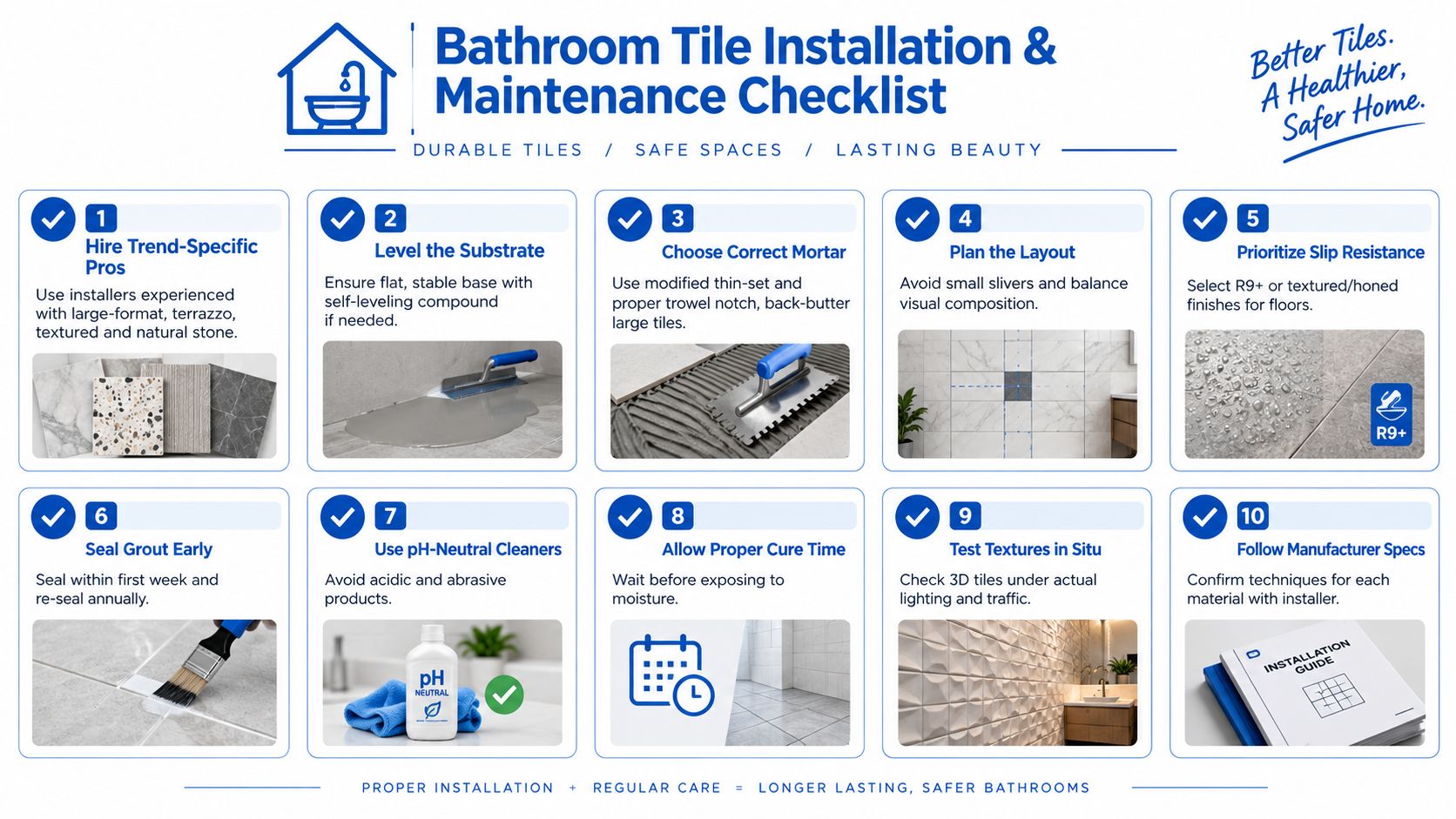 An infographic checklist for bathroom tile installation and maintenance featuring ten essential steps for home improvement projects.