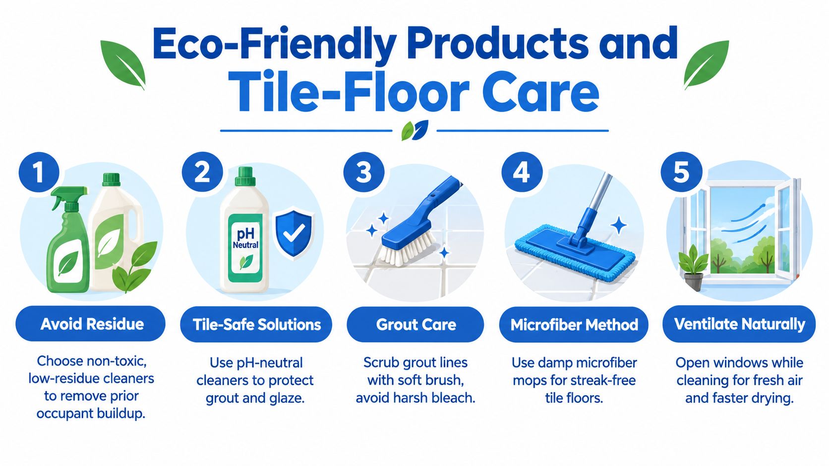 An infographic showing five essential steps for eco-friendly tile floor cleaning, including non-toxic products and ventilation.