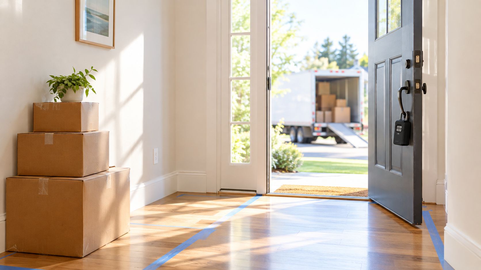 A stack of cardboard moving boxes in a bright, sunlit house foyer with an open door.