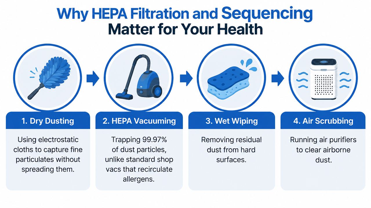 A four-step infographic showing proper sequence for post construction cleaning to reduce dust and improve air quality.