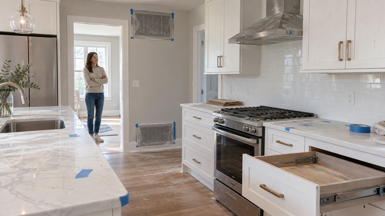 A woman stands in the doorway of a home kitchen under renovation during the post construction cleaning process.