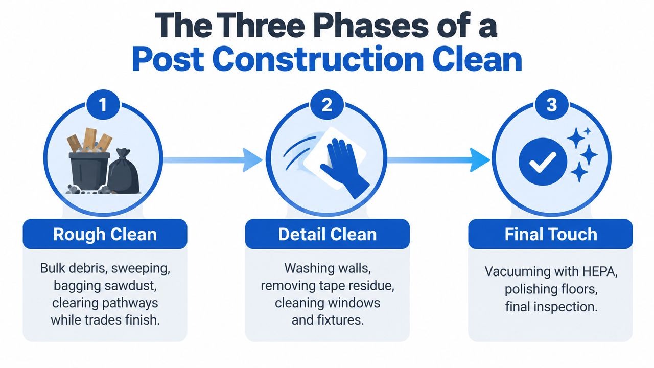 An infographic detailing the three distinct phases of a post construction cleaning process for new buildings.