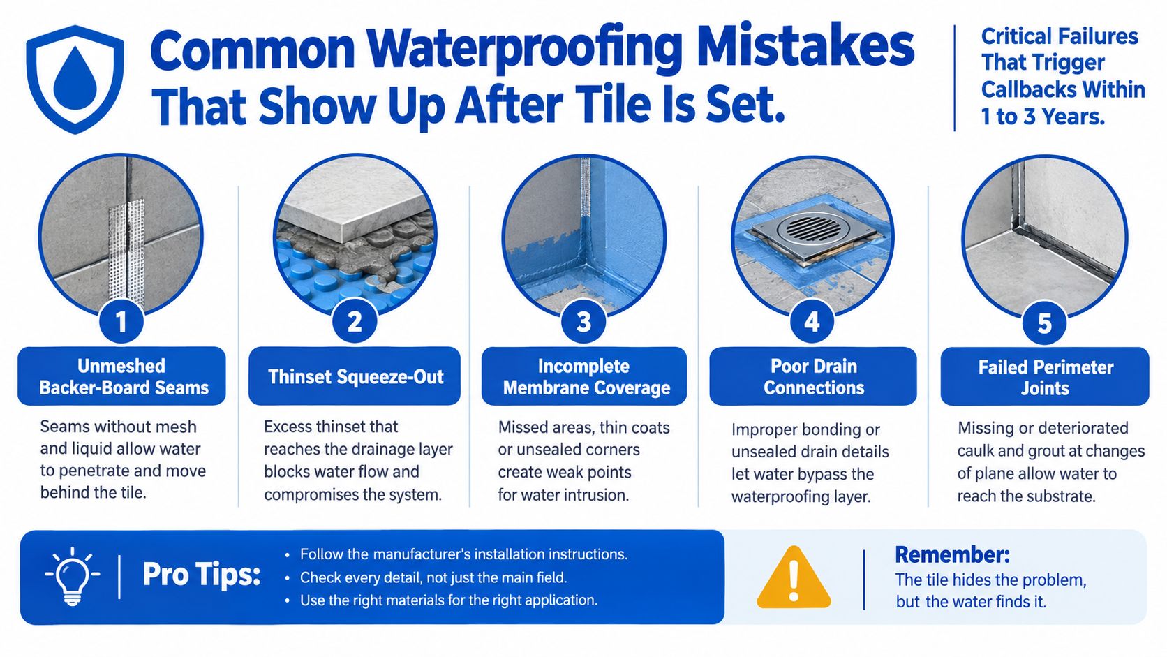A visual guide showing five common waterproofing mistakes in shower installations that lead to tile failures over time.