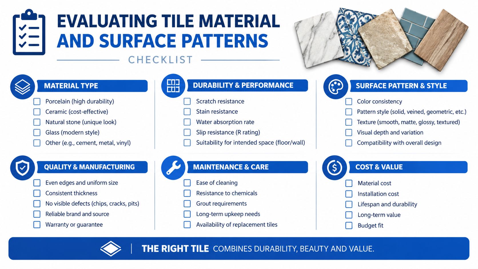A comprehensive checklist for evaluating tile materials and surface patterns, including durability, maintenance, quality, and cost factors.