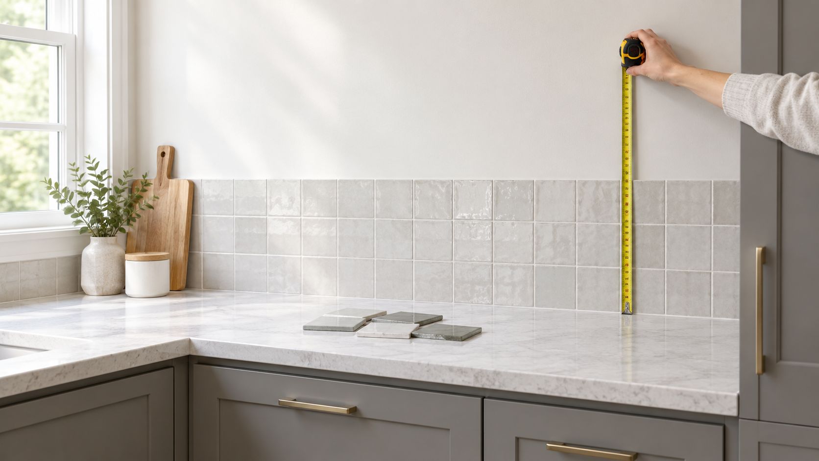 A person using a measuring tape to measure the height of the tiled kitchen backsplash wall.