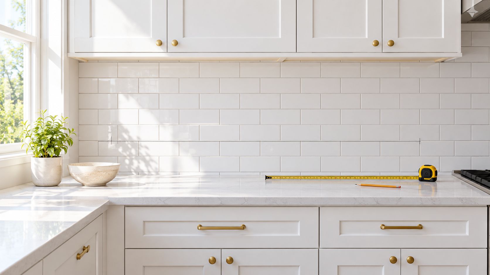 A modern kitchen counter with a tape measure against white subway tile backsplash, ready for measurements.