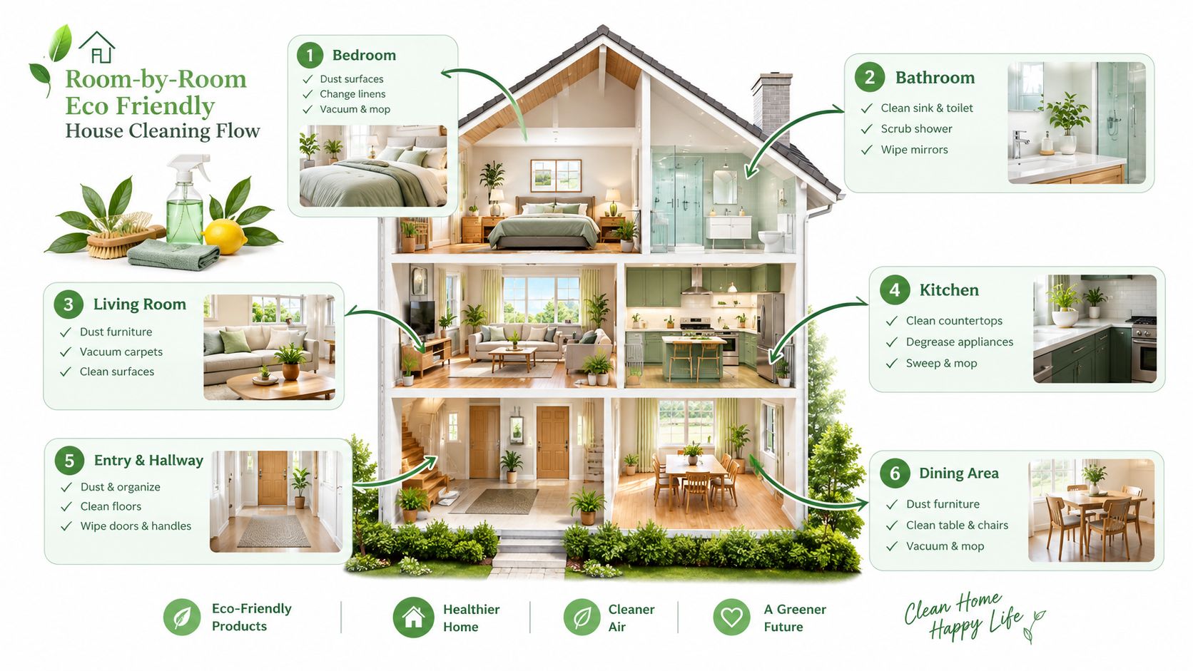 A visual guide for an eco friendly house cleaning flow divided into six room-by-room cleaning steps.