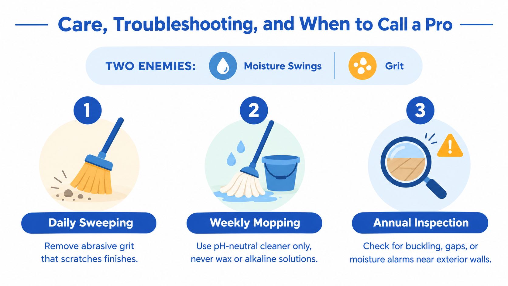 A maintenance guide infographic for wood flooring showing steps for daily sweeping, weekly mopping, and annual inspections.