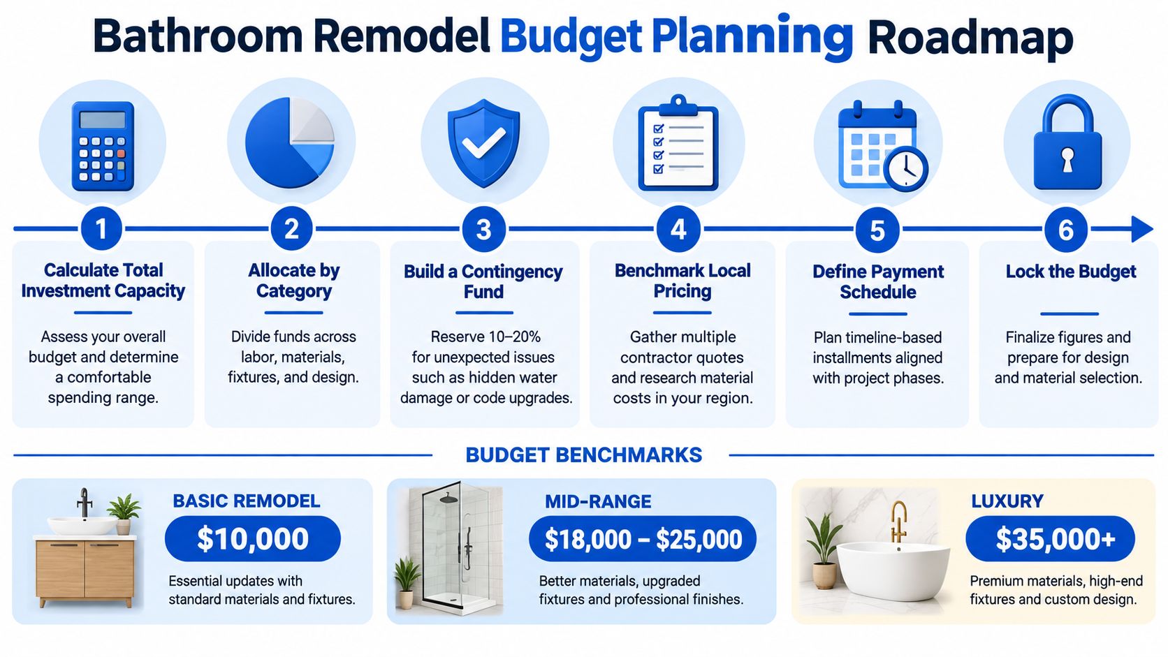 An infographic titled Bathroom Remodel Budget Planning Roadmap showing six planning steps and three budget tiers.