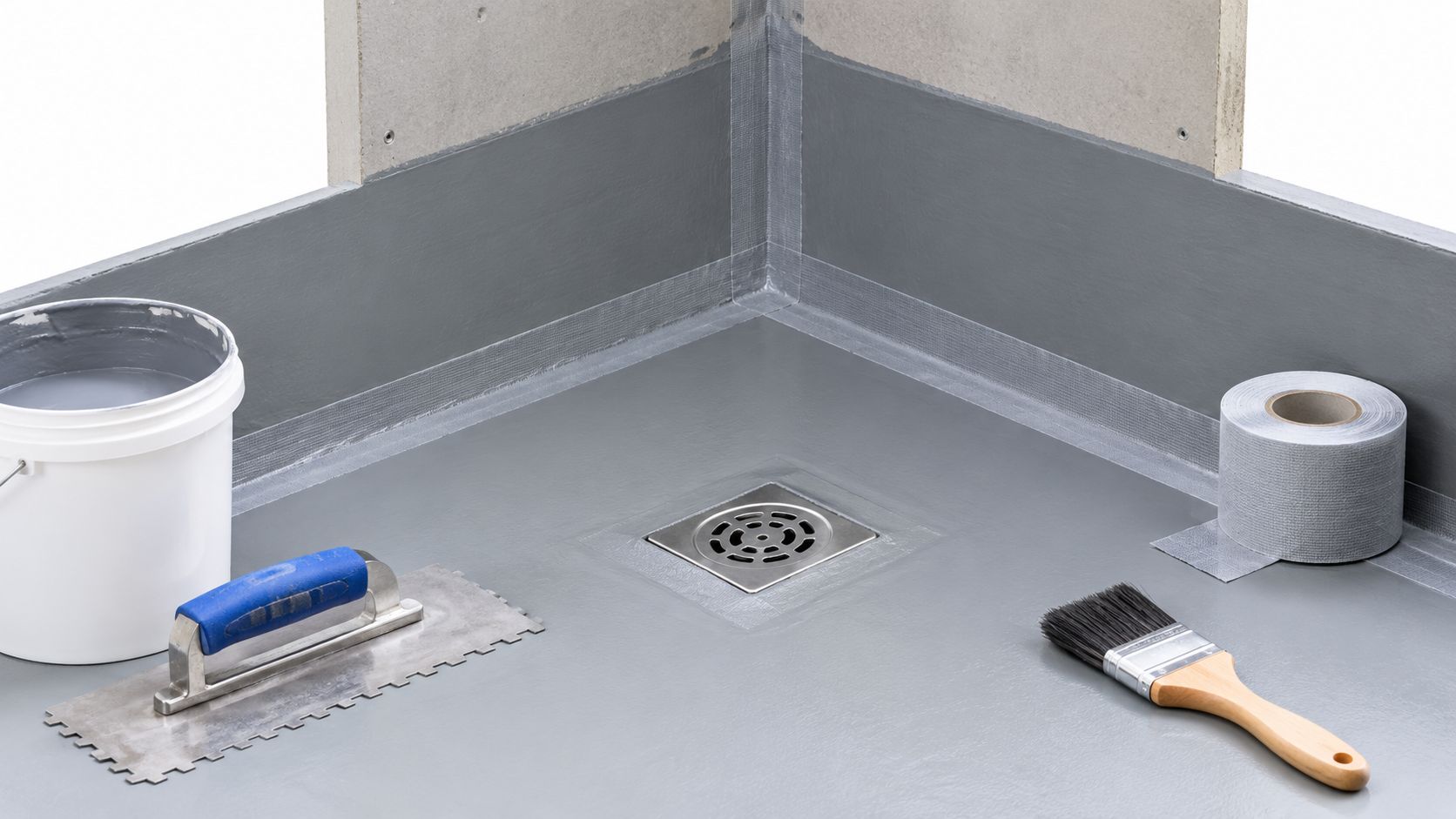 A corner of a tiled shower floor being prepared with waterproofing compound, tape, a brush, and trowel.