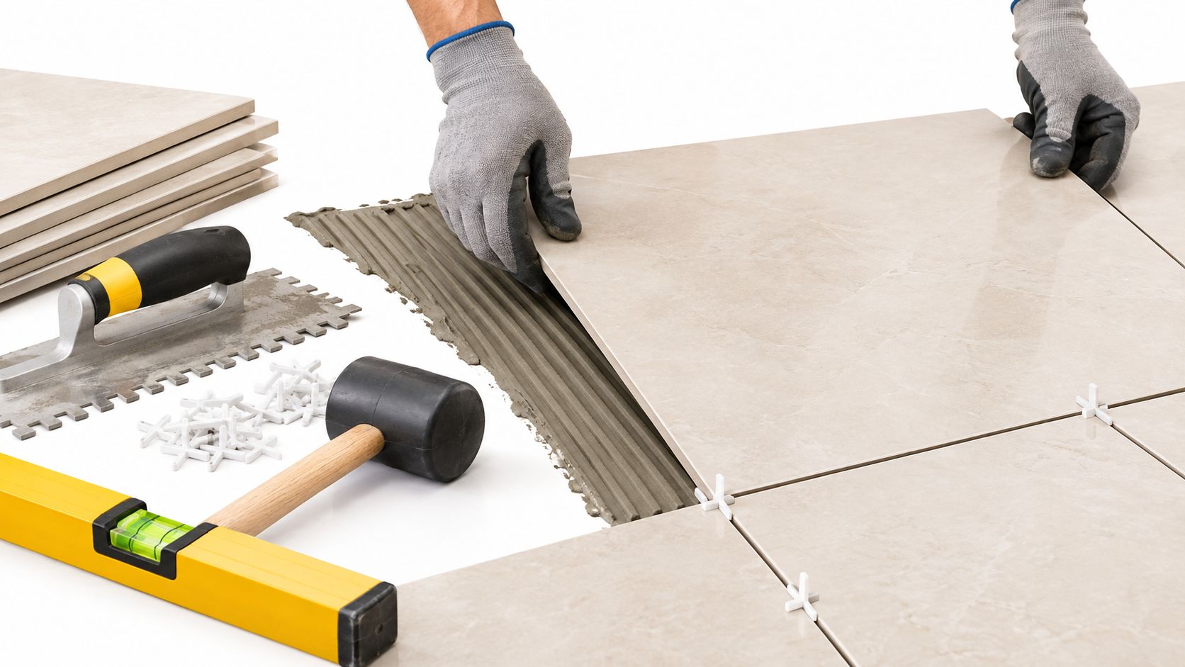 A worker in gloves laying large beige floor tiles using professional tools on a white background.