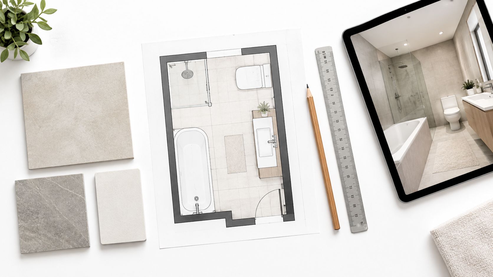 A professional bathroom renovation flatlay featuring architectural floor plans, material samples, a digital tablet, and a wooden pencil.