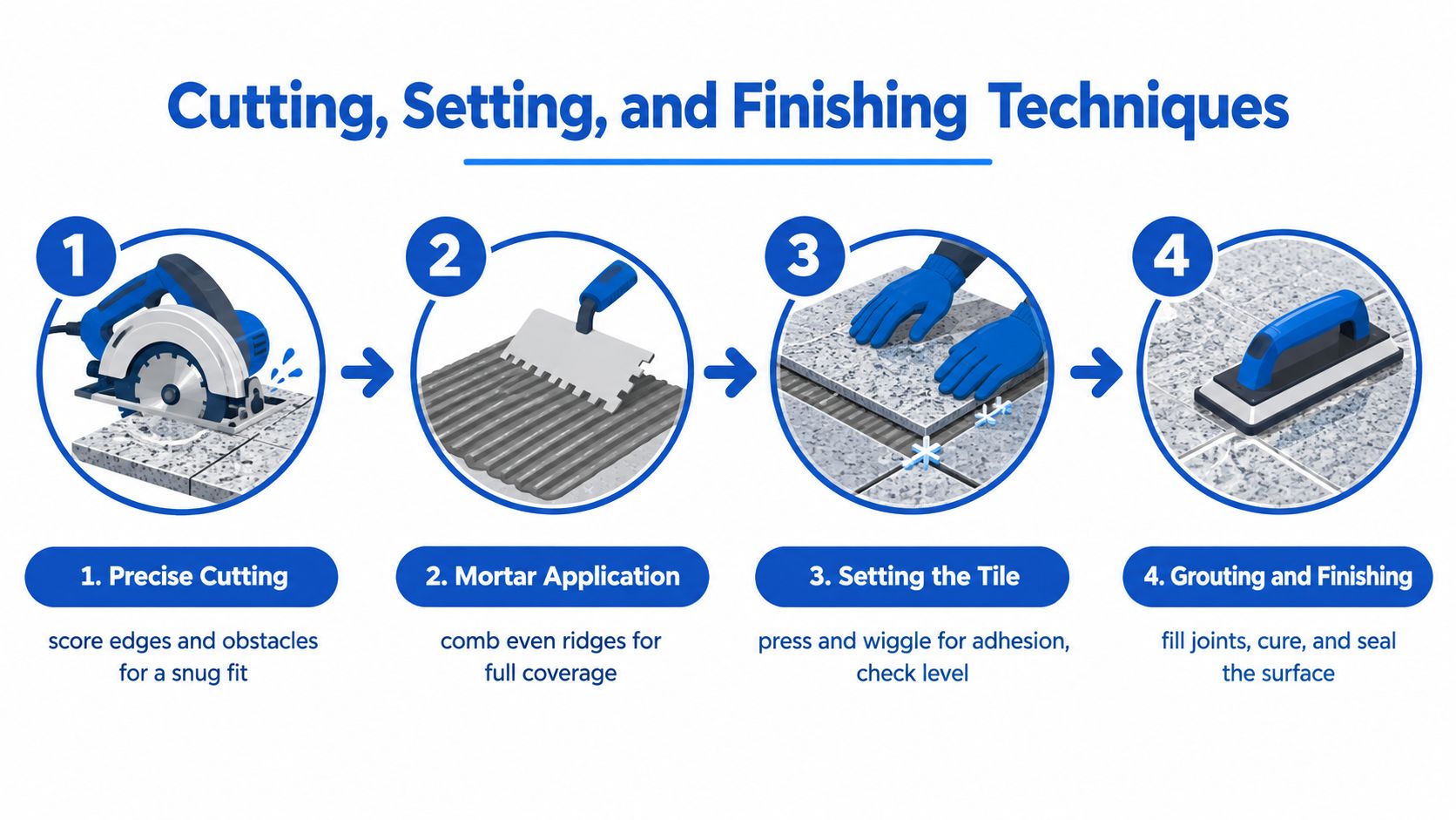 A step-by-step infographic illustrating the four stages of professional granite tile installation, including cutting, mortar, setting, and grouting.