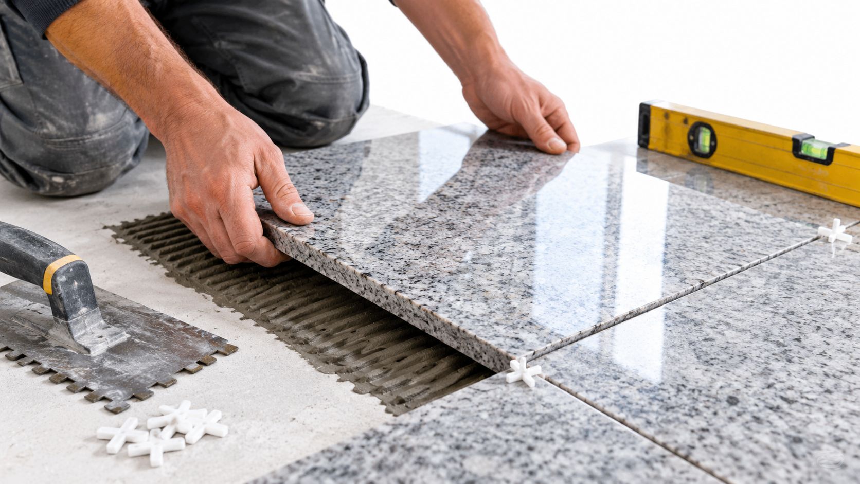 A professional tiler placing a polished granite tile onto a thin-set mortar bed on the floor.