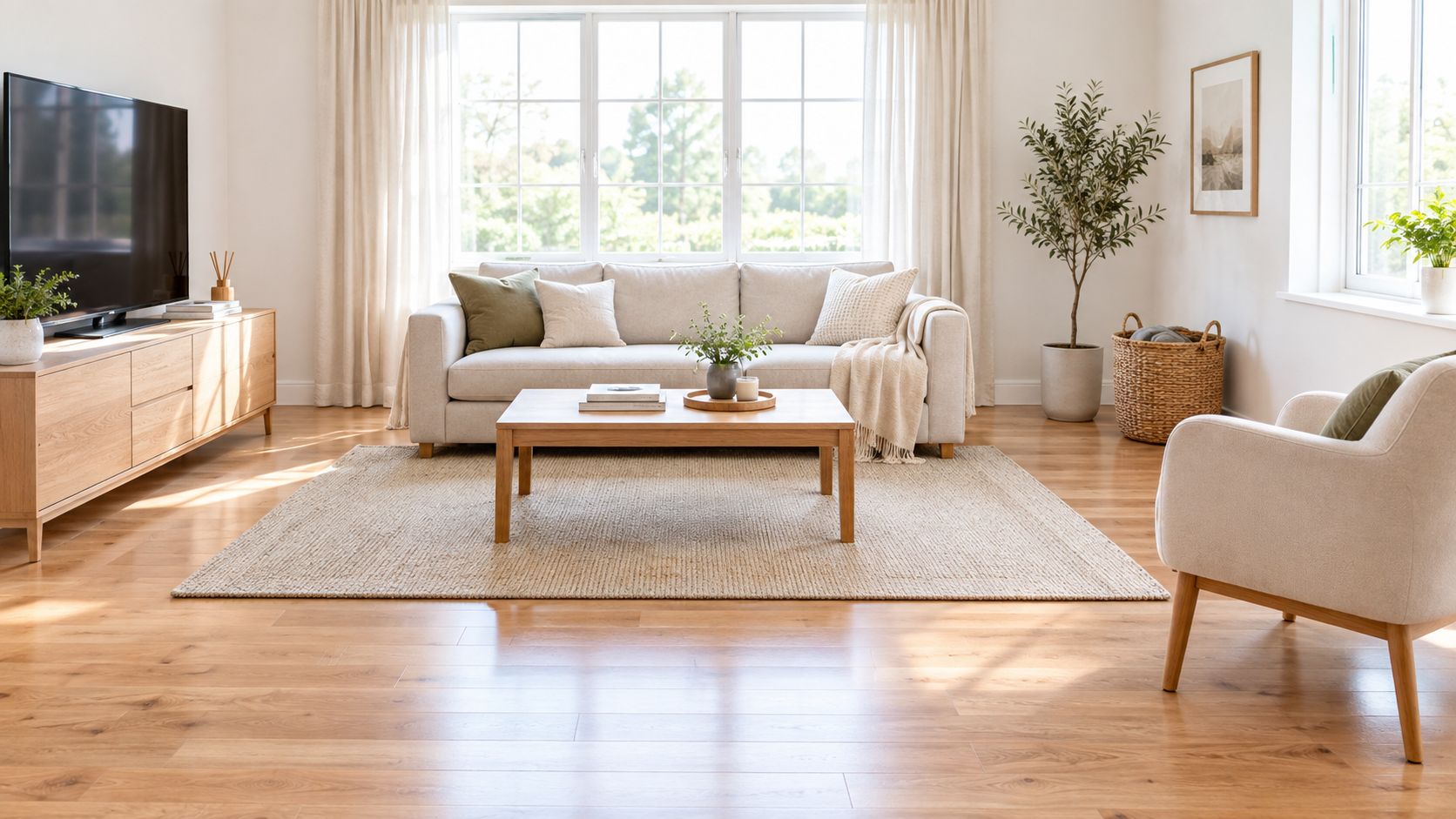 A bright and airy modern living room with neutral colors, a comfortable sofa, and wooden furniture.