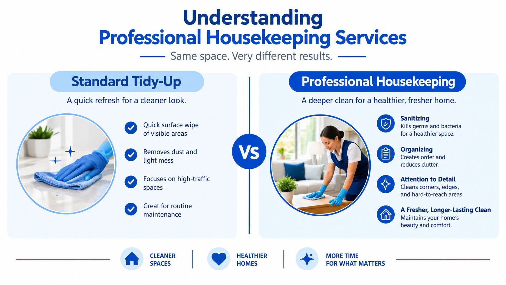 A comparison infographic between a quick standard tidy-up and a detailed professional housekeeping service for home cleaning.