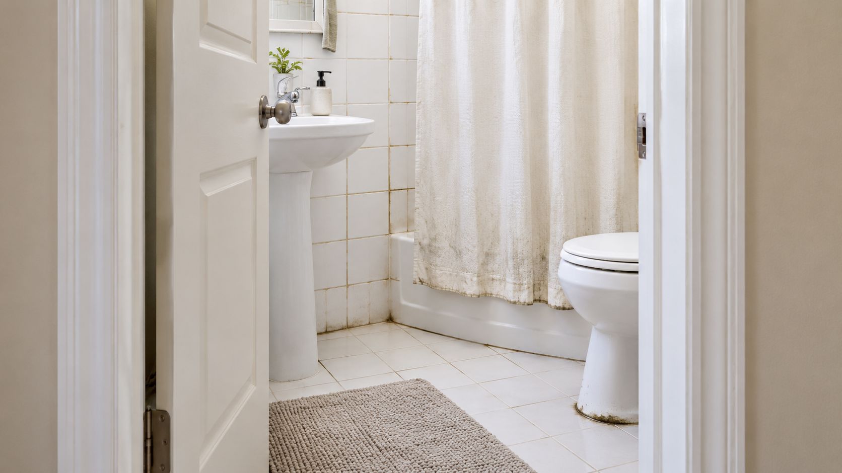 A small bathroom interior featuring a pedestal sink, white tiled walls, a shower curtain, and a toilet.