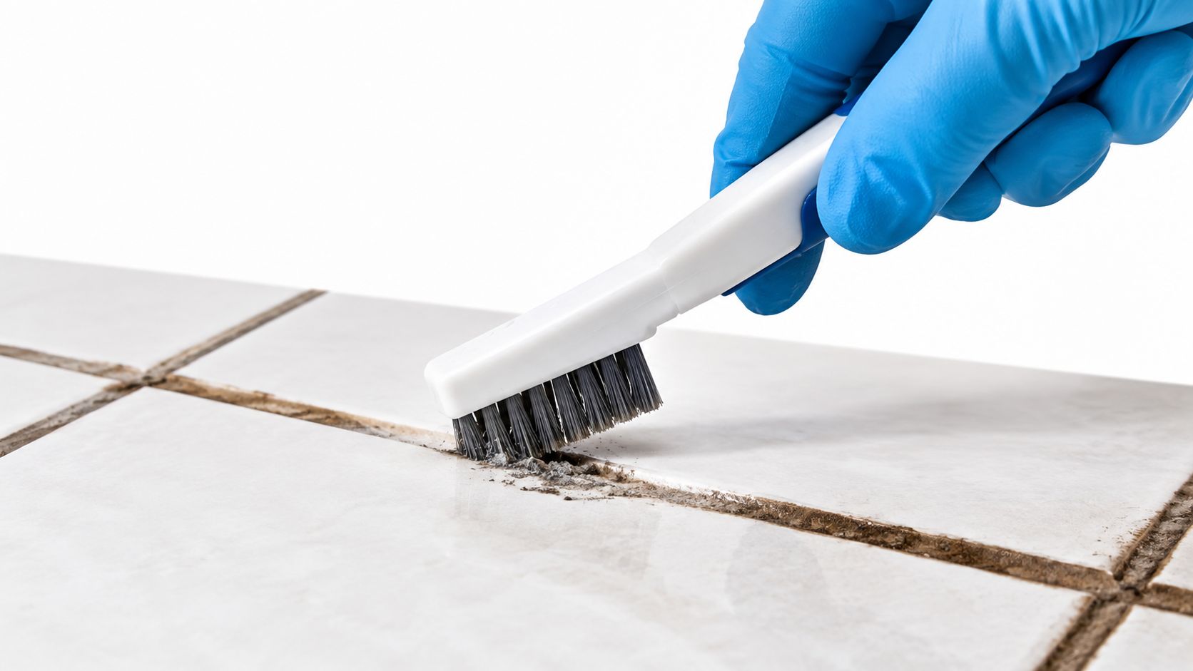 A hand wearing a blue latex glove uses a scrub brush to clean dirty tile grout lines.