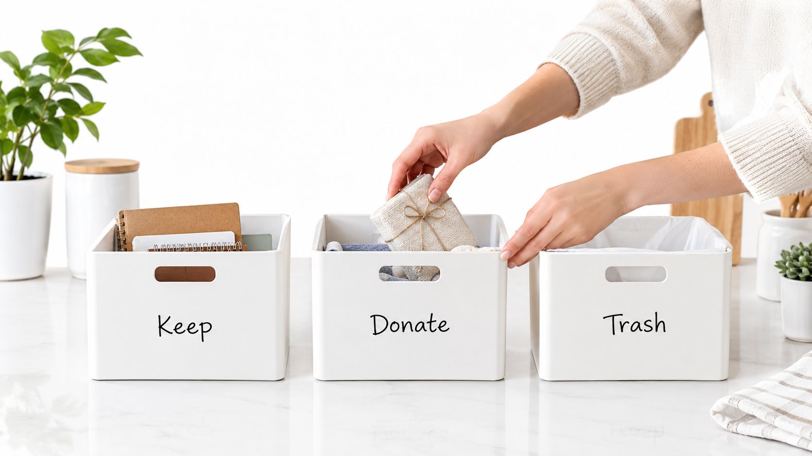 A person organizing household items into white storage bins labeled Keep, Donate, and Trash on a table.