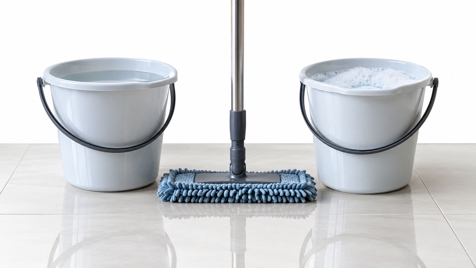 A mop with a blue microfiber head standing between two gray buckets on a clean tiled floor.