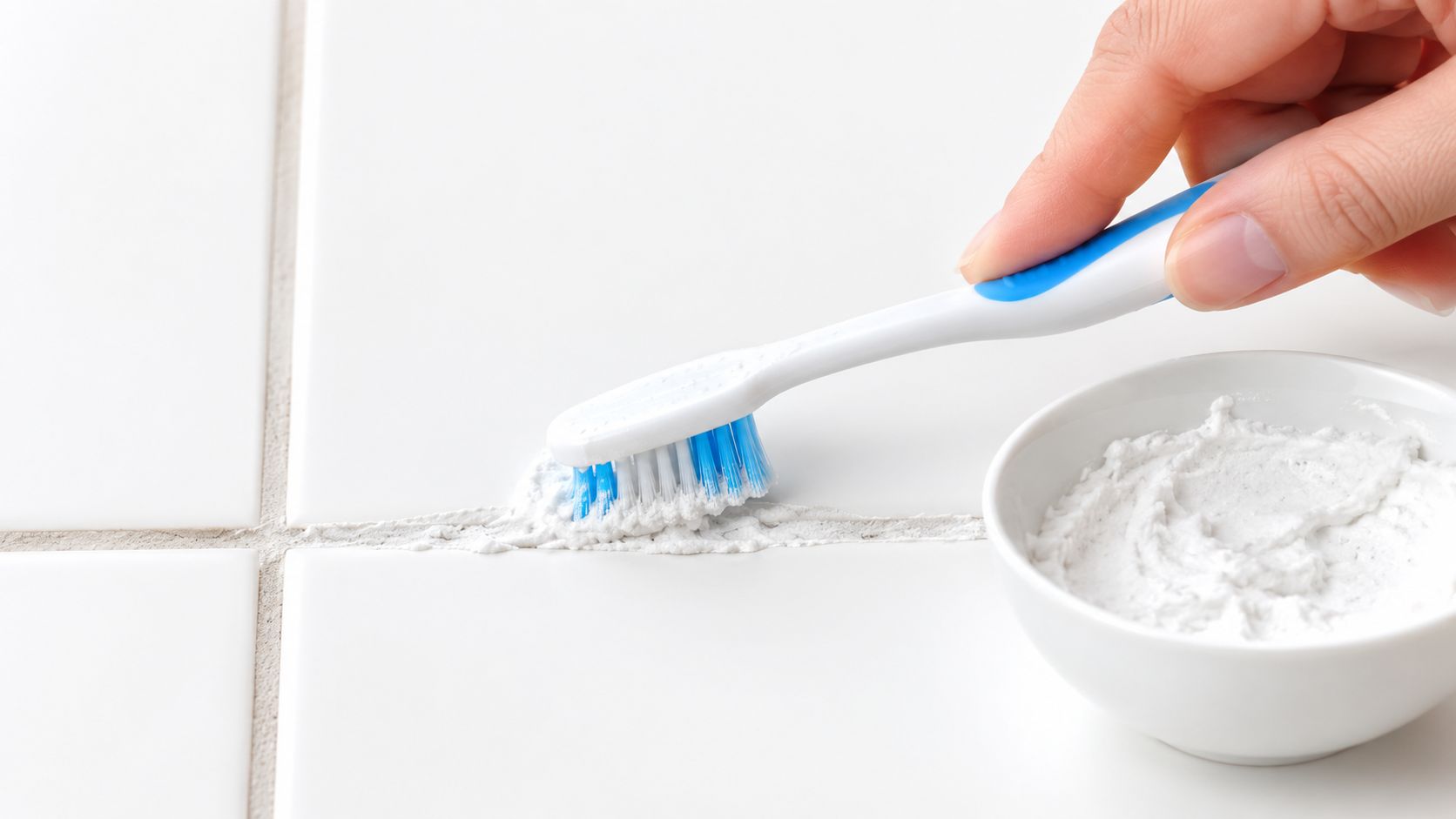 A hand using a toothbrush to scrub white cleaning paste into bathroom tile grout lines.