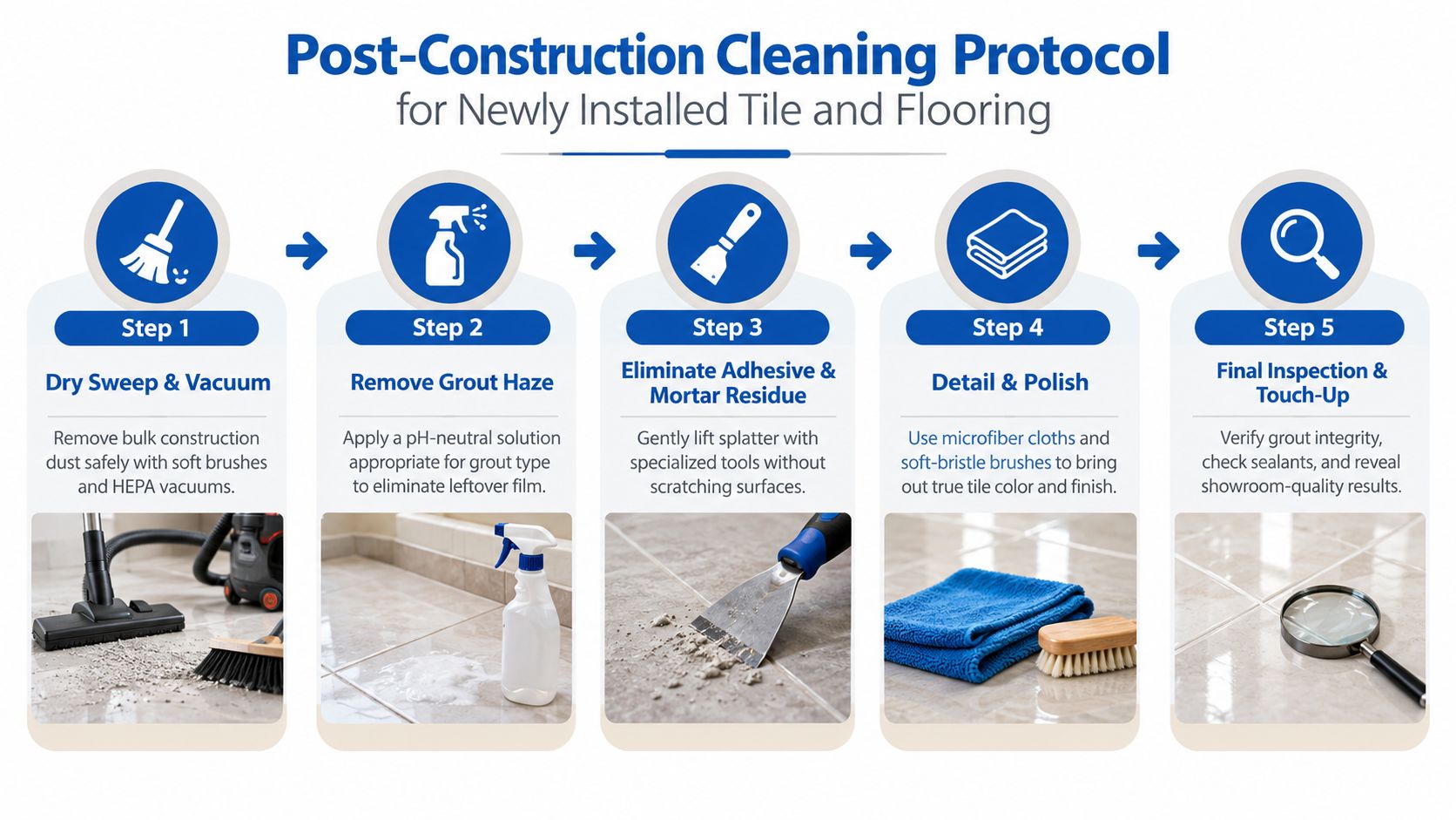 A five-step infographic showing the professional post-construction cleaning protocol for newly installed tile and flooring surfaces.