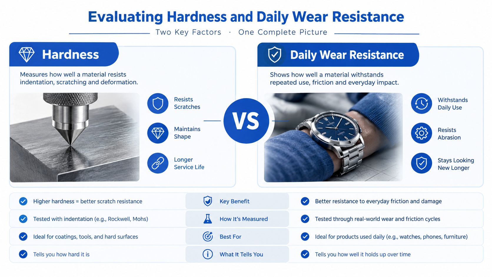 An infographic comparing the concepts of material hardness versus daily wear resistance for product durability.