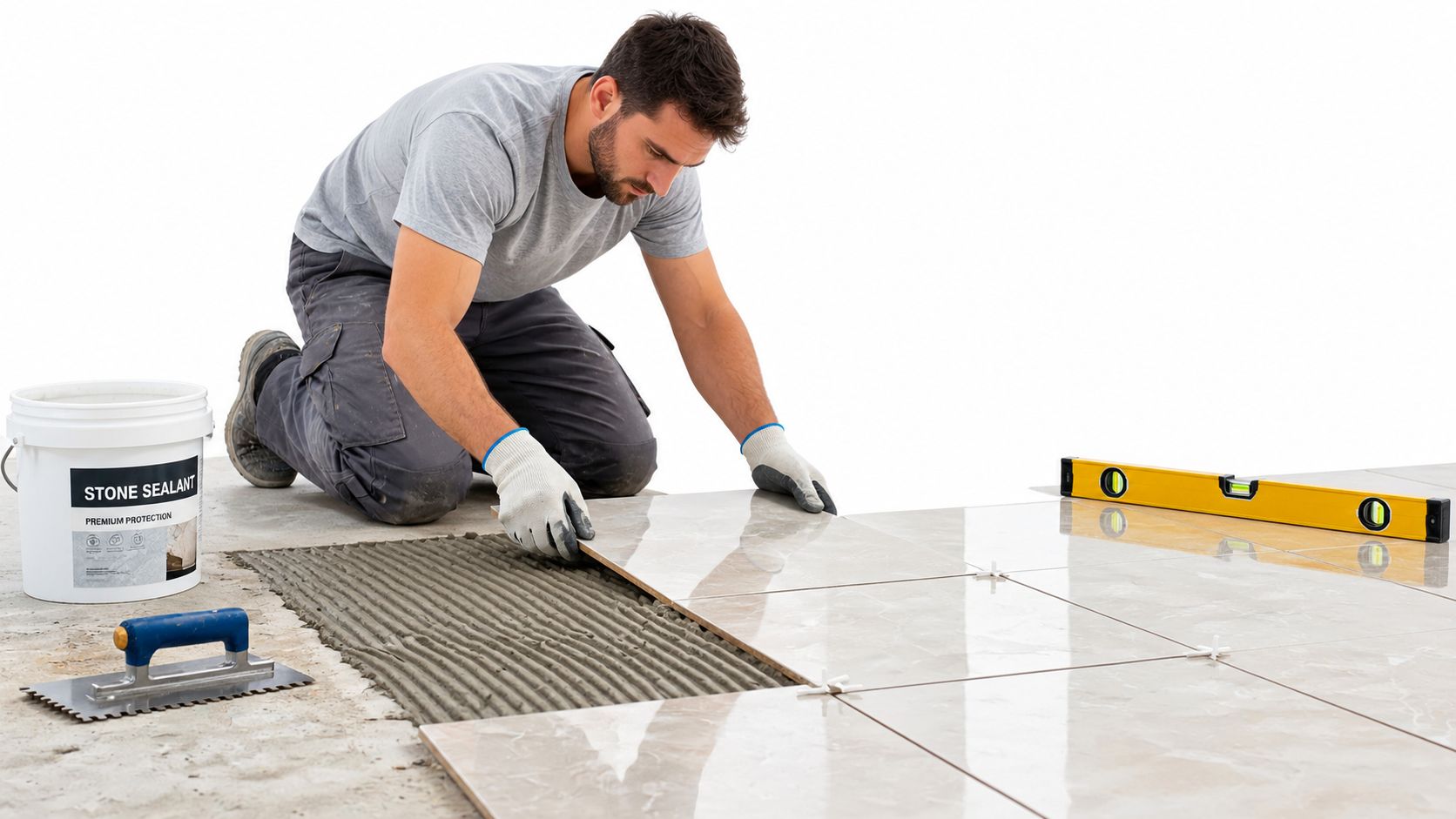 A professional construction worker carefully installs polished marble floor tiles using adhesive and a leveling tool.
