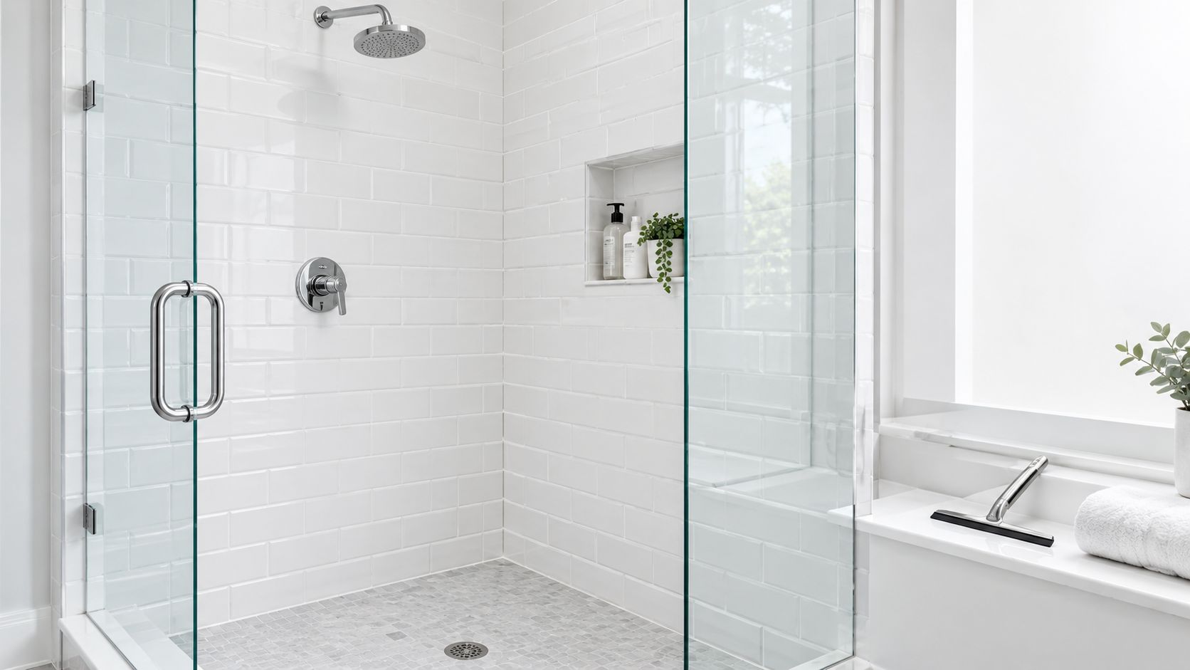 A clean, modern walk-in shower with white subway tiles, glass doors, and a small built-in shelf.