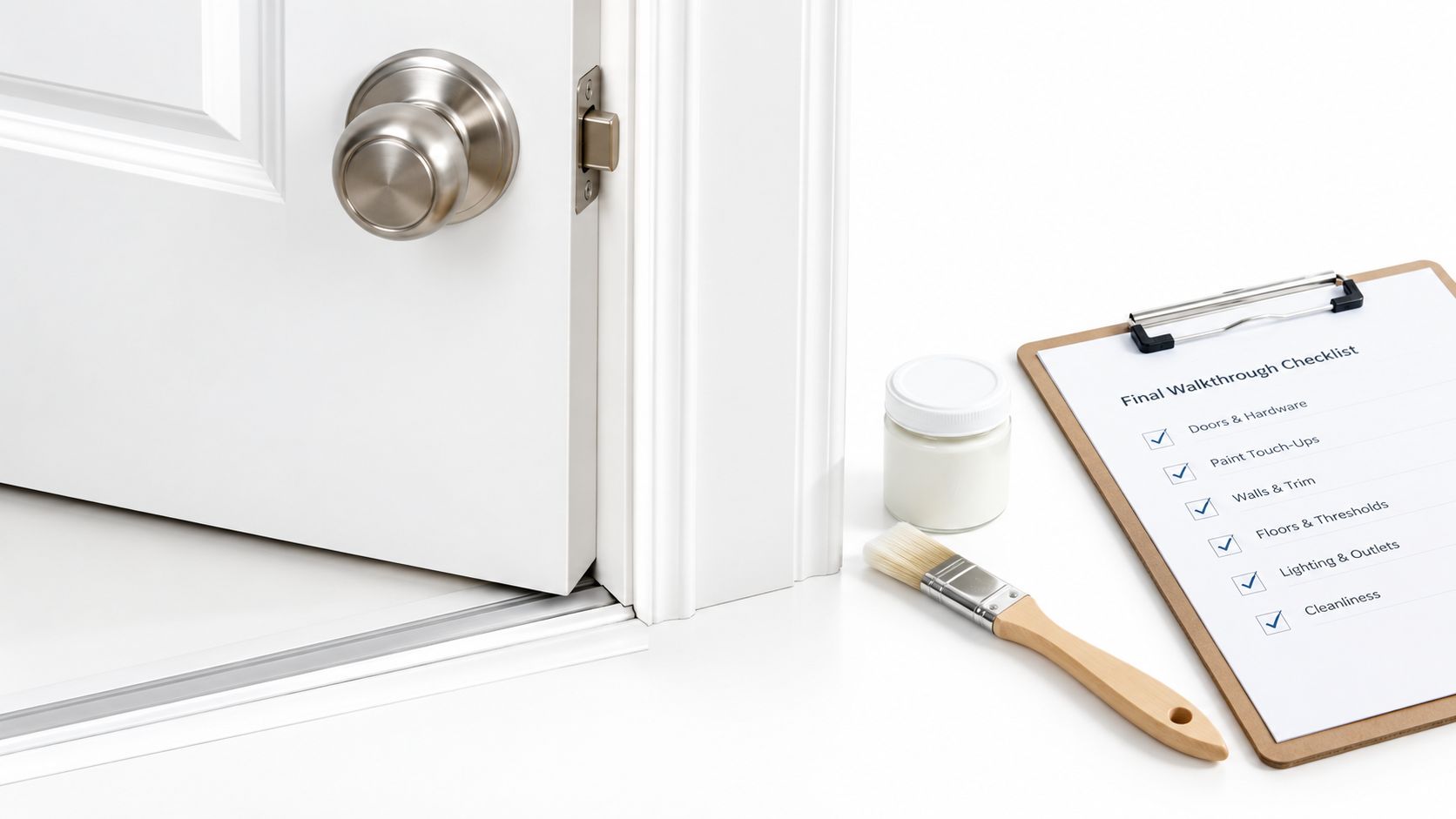 A checklist on a clipboard with painting supplies beside a white door during a move out inspection.