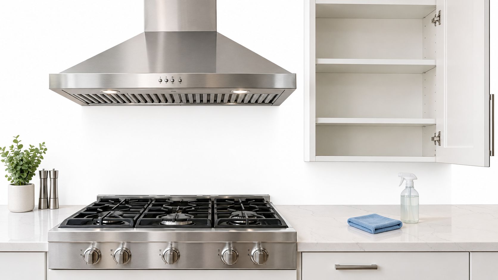A clean, modern kitchen stove and hood with cleaning supplies nearby for move out preparation.