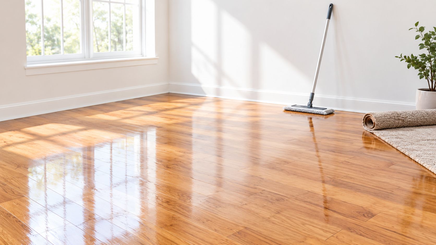 A clean, empty room featuring polished hardwood floors, a mop, and a rolled-up rug by the window.