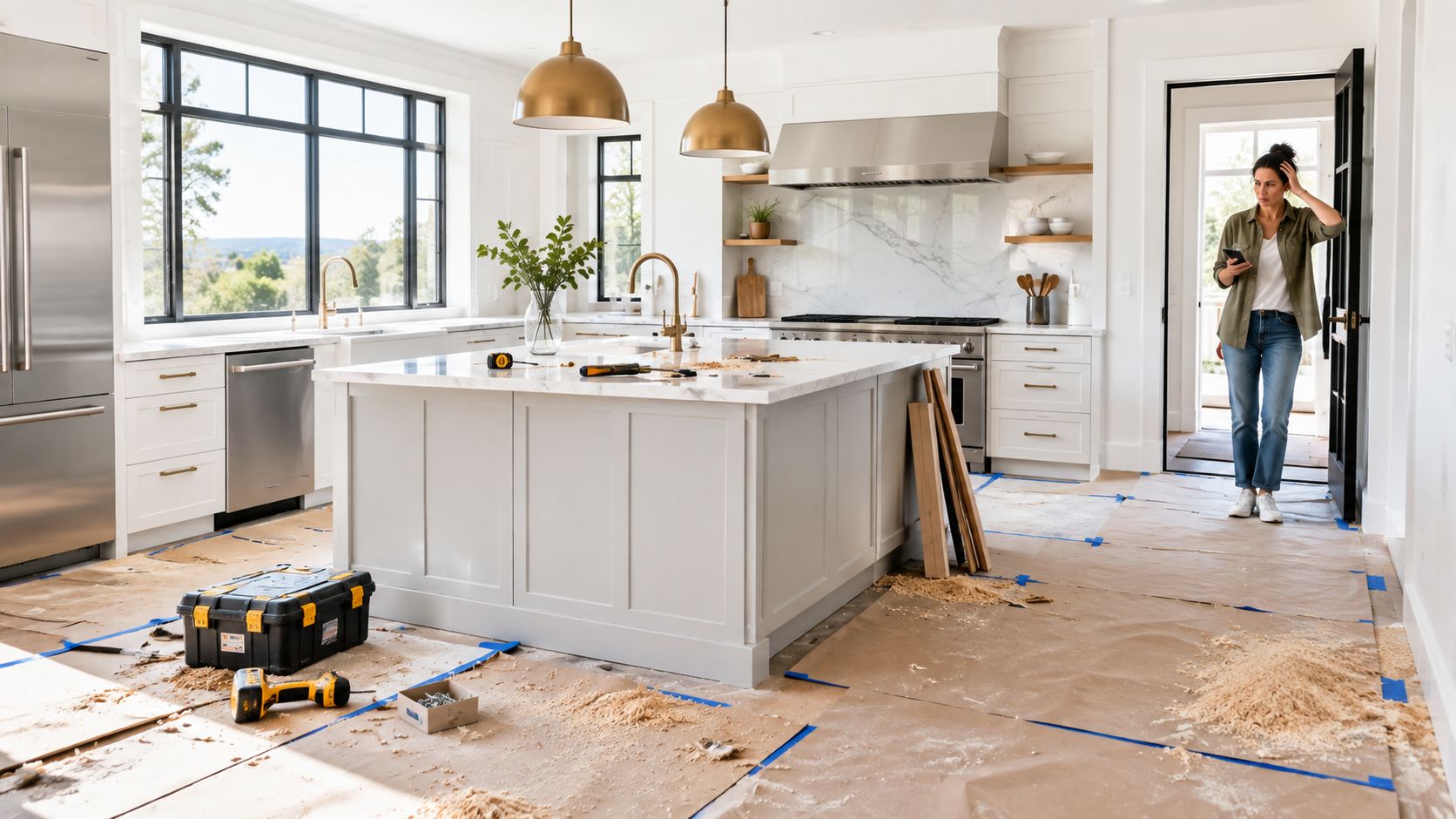 A woman stands in a kitchen under renovation surrounded by construction tools and wood debris on the floor.
