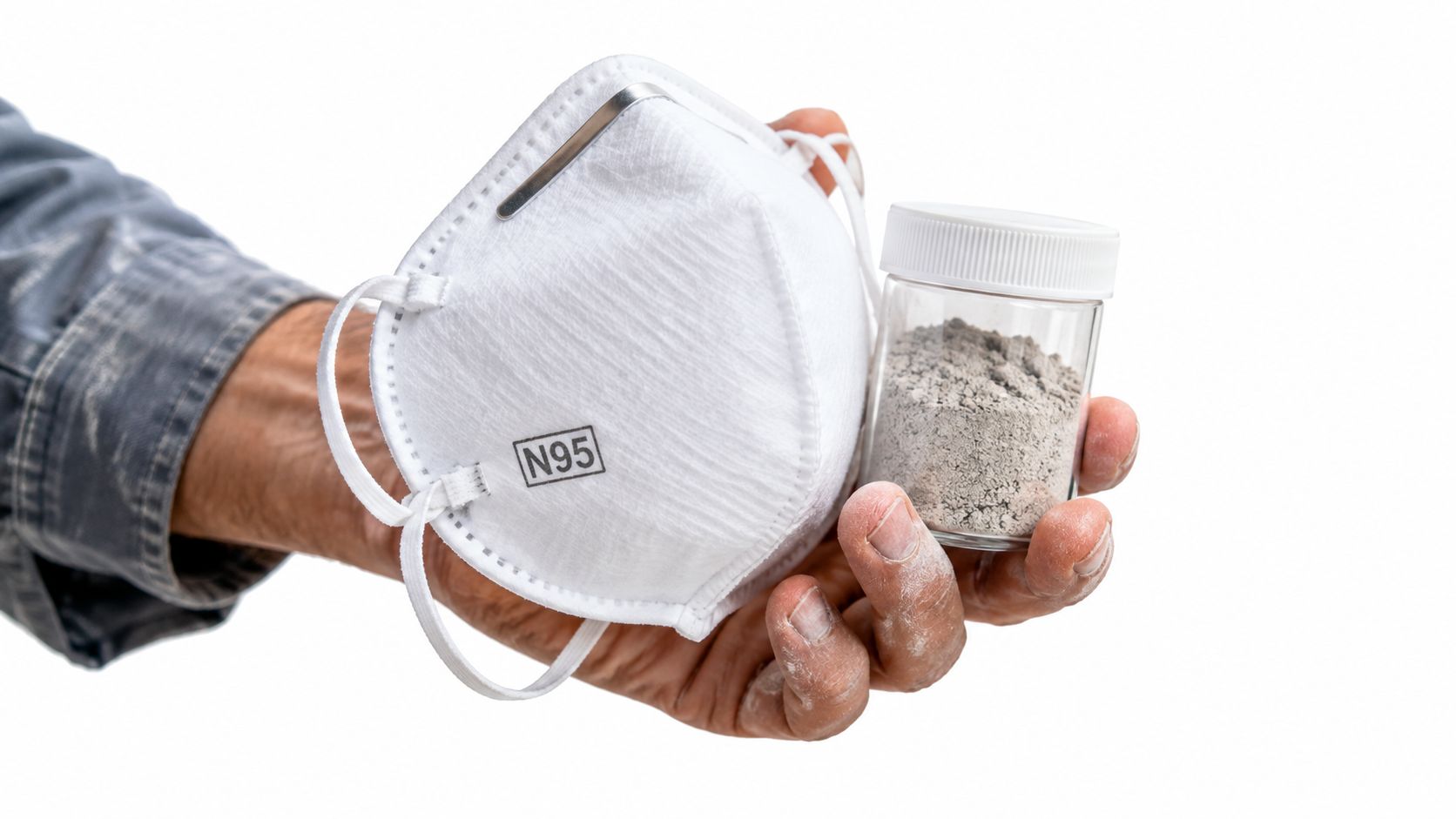 A hand holding an N95 respirator mask and a clear jar filled with grey construction dust.