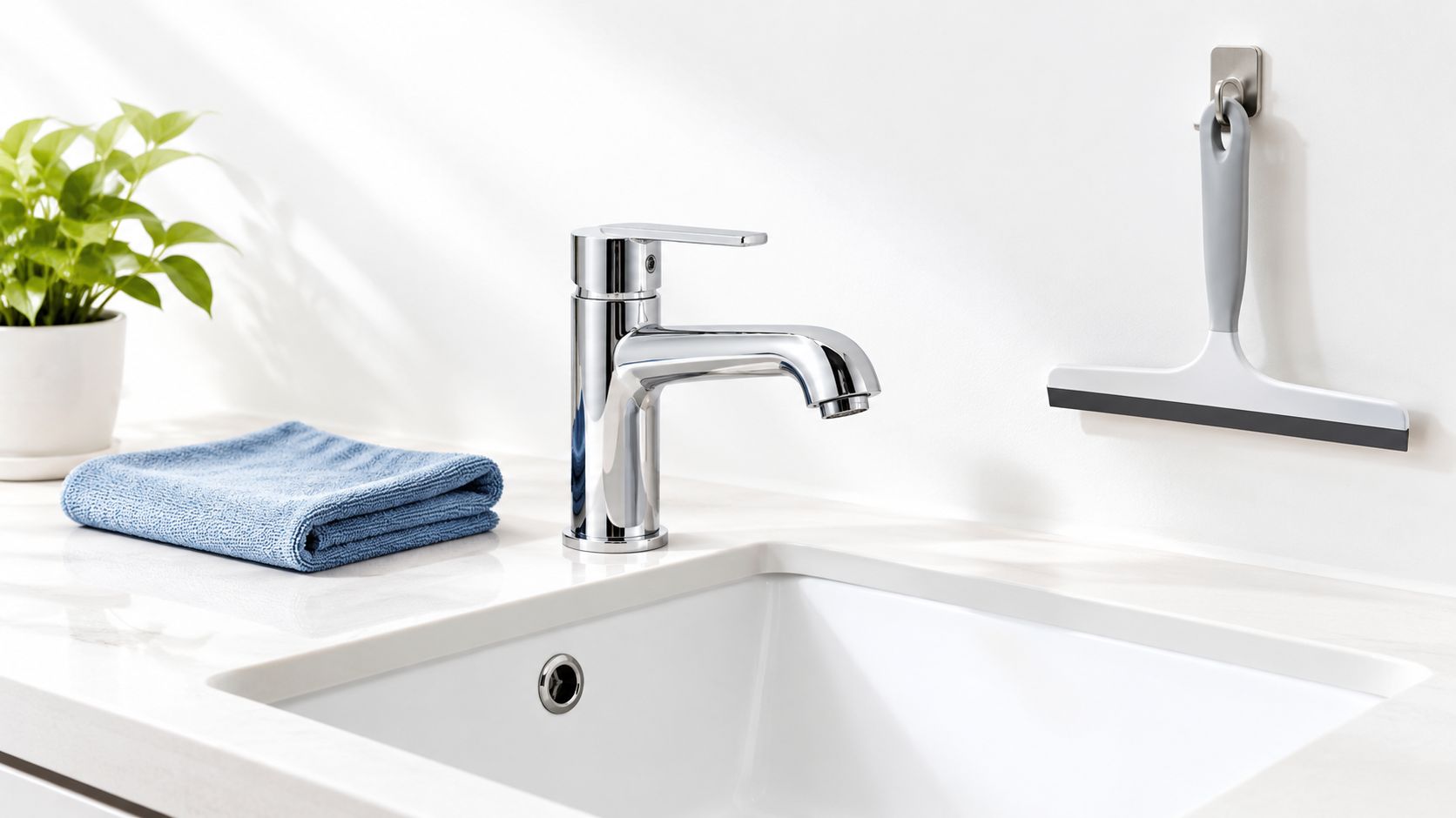 A modern chrome bathroom faucet, a blue towel, a potted plant, and a squeegee on a marble countertop.