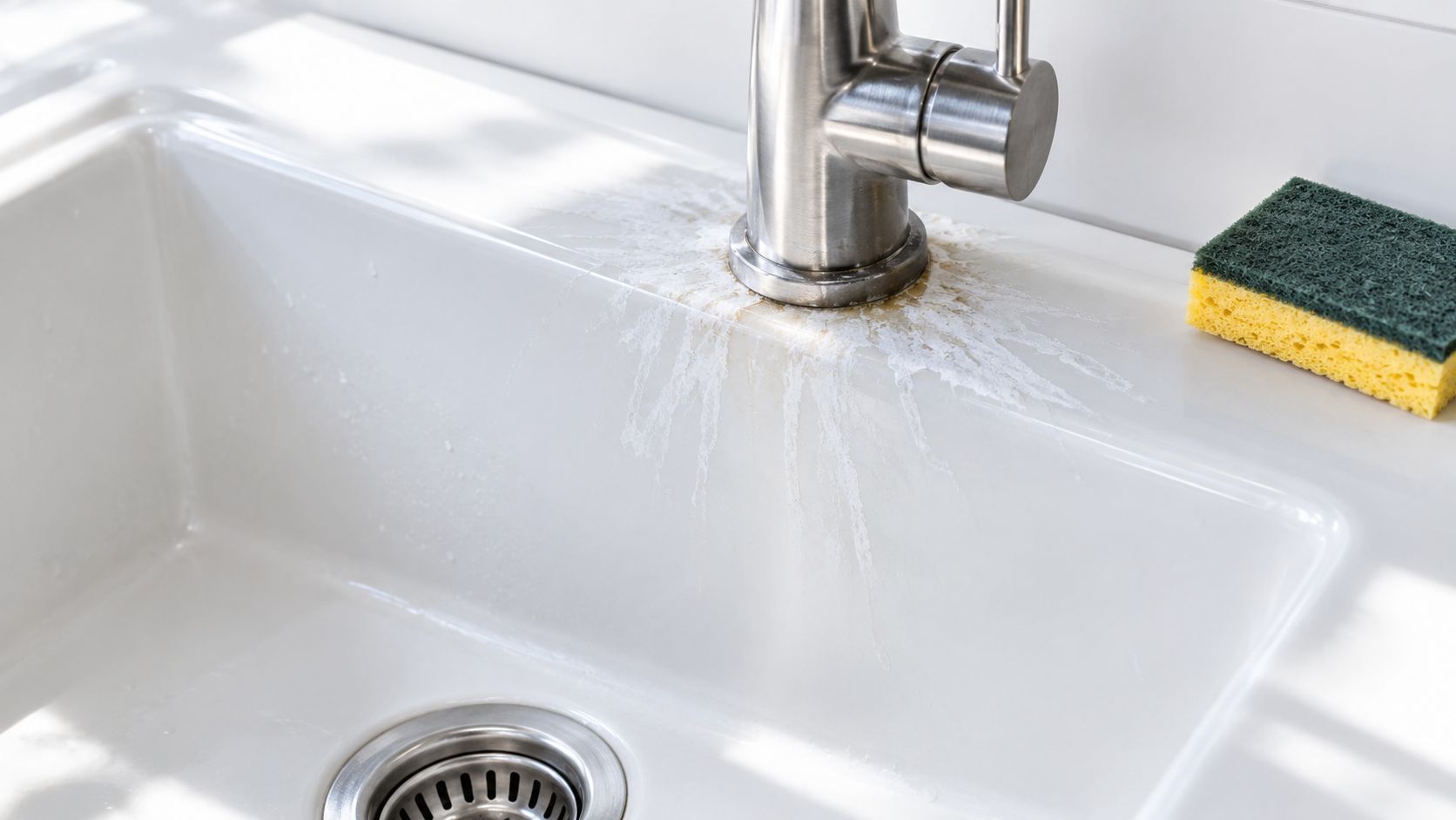 A close-up view of a bathroom sink faucet surrounded by white mineral deposits and hard water stains.