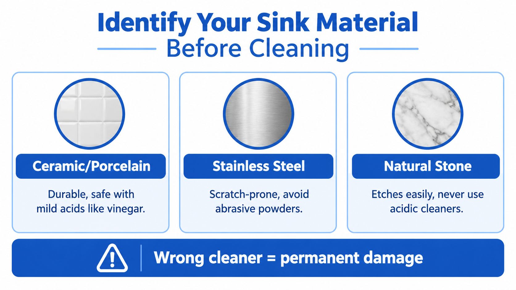 An infographic showing how to identify sink materials including ceramic, stainless steel, and natural stone before cleaning.