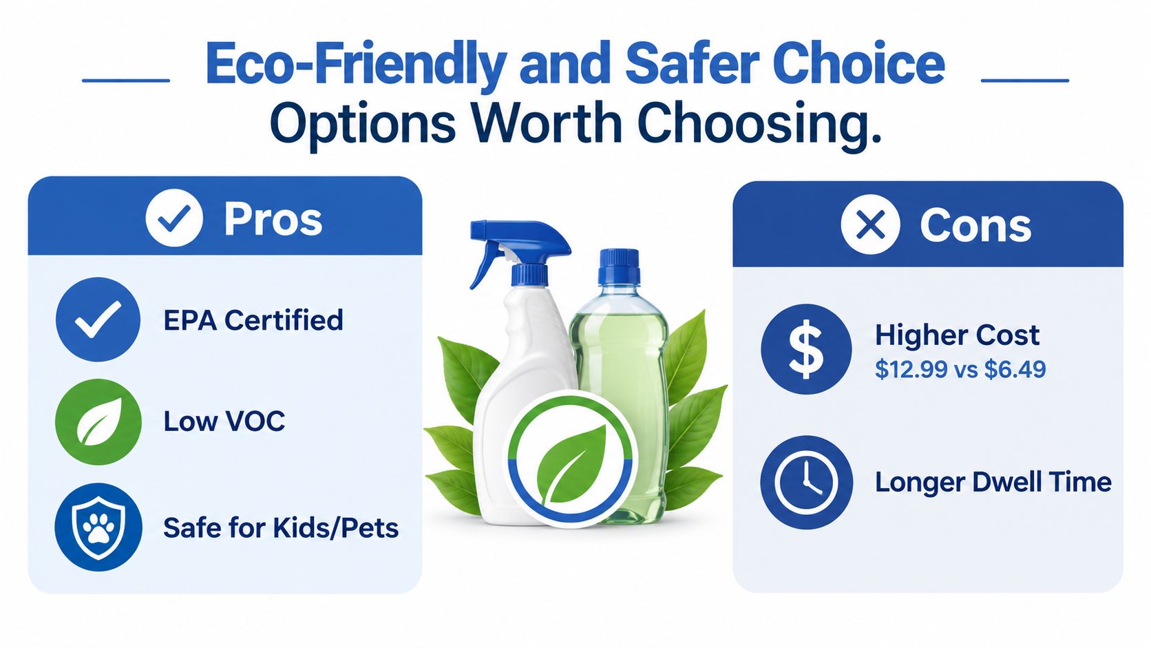 A comparison chart highlighting the pros and cons of using eco-friendly and safer cleaning product options.