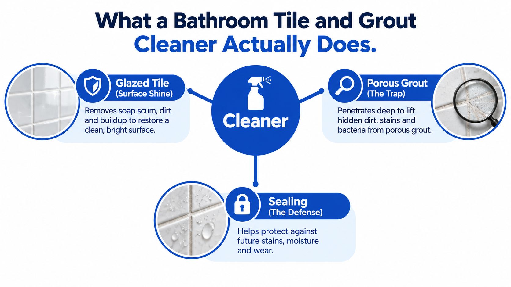 An infographic detailing how a bathroom tile and grout cleaner cleans, penetrates, and protects tiled surfaces.
