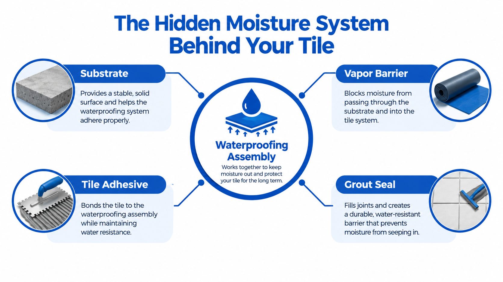 A diagram explaining the four essential components of a moisture-resistant tile installation system, including substrate, vapor barrier, tile adhesive, and grout seal.