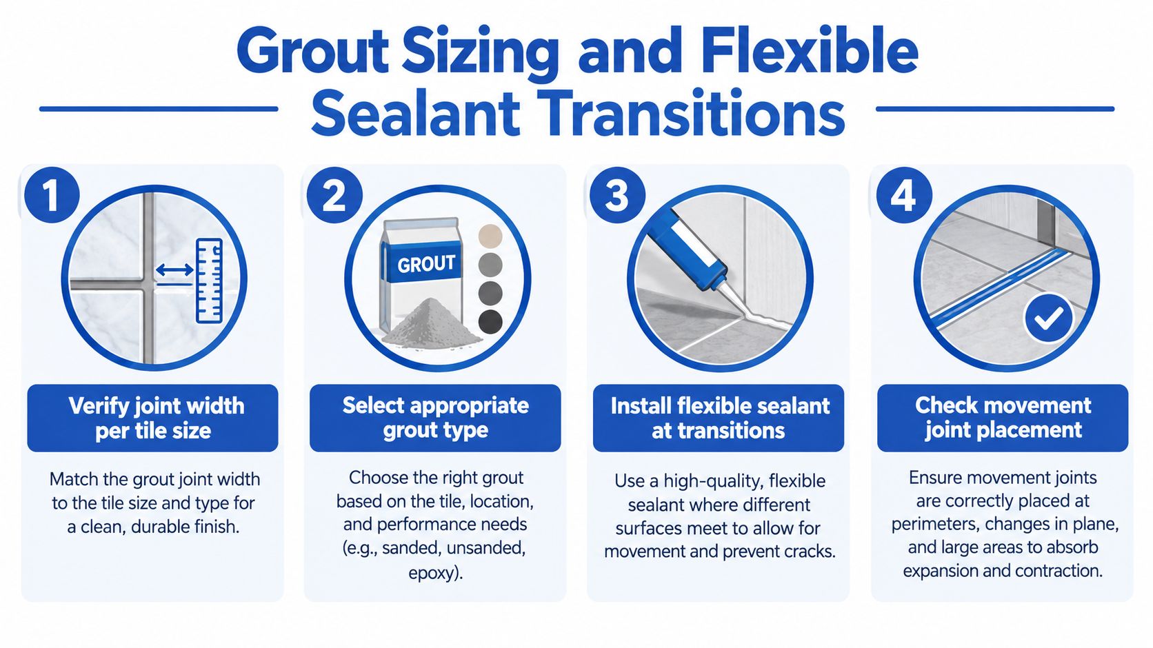 A four-step infographic illustrating best practices for grout sizing and flexible sealant transitions during tile installation.