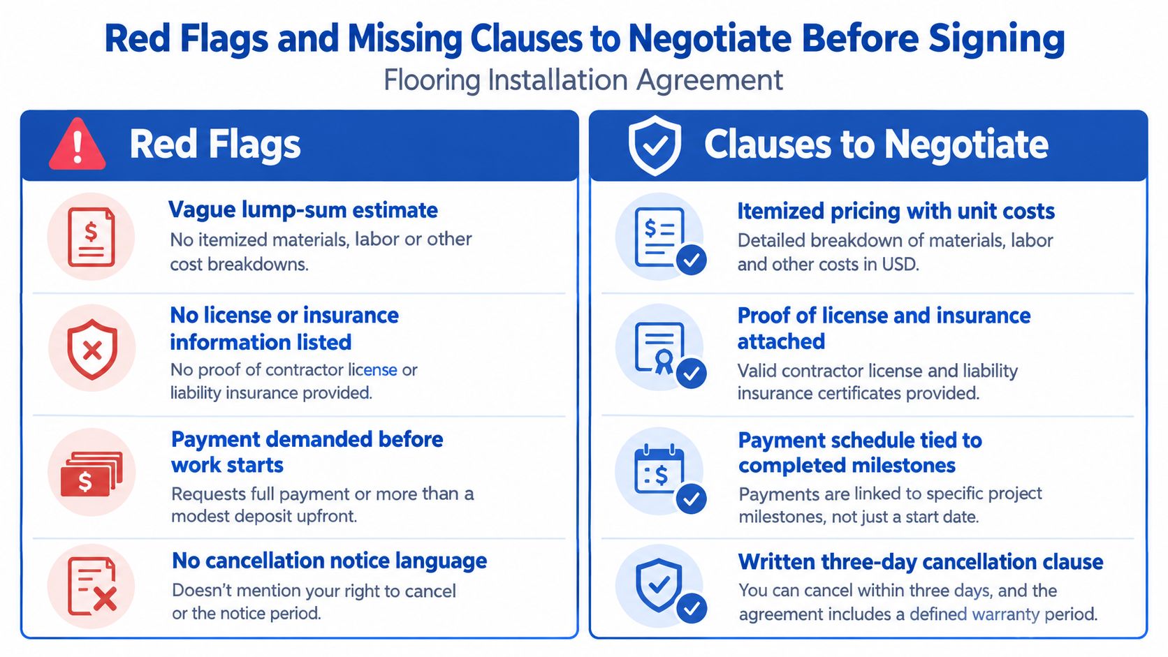 An infographic showing red flags to avoid and clauses to negotiate in a flooring installation agreement contract.